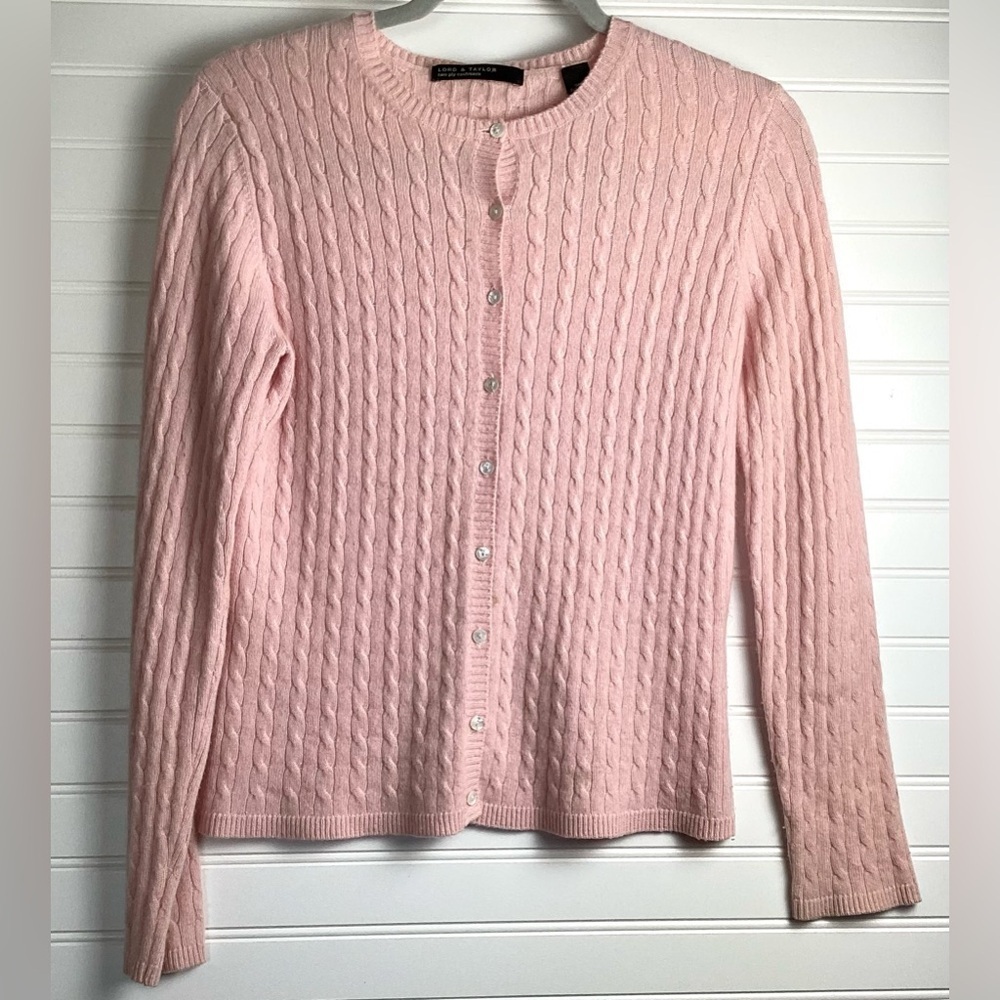 Lord&Taylor Pink 100% Cashmere cable knit Button Down Sweater Cardigan Sz  Small